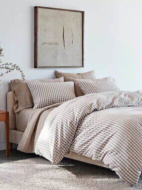 Coyuchi Gingham Print Taupe/Cream QUEEN Duvet Cover ONLY